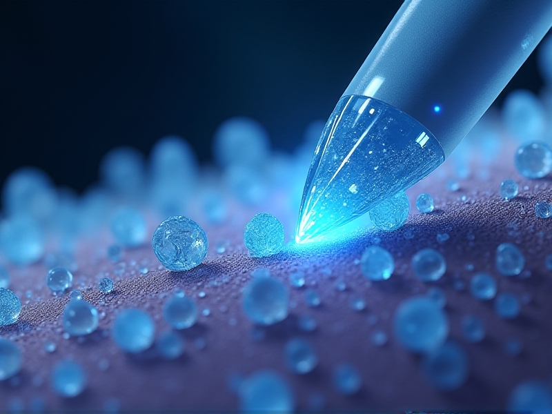 An illustration of nano-engineered cryo tips interacting with skin cells. The image shows the tips emitting a cool, blue glow as they penetrate the skin's surface, with detailed cellular structures visible in the background. The overall tone is scientific and futuristic, with a focus on precision and innovation.
