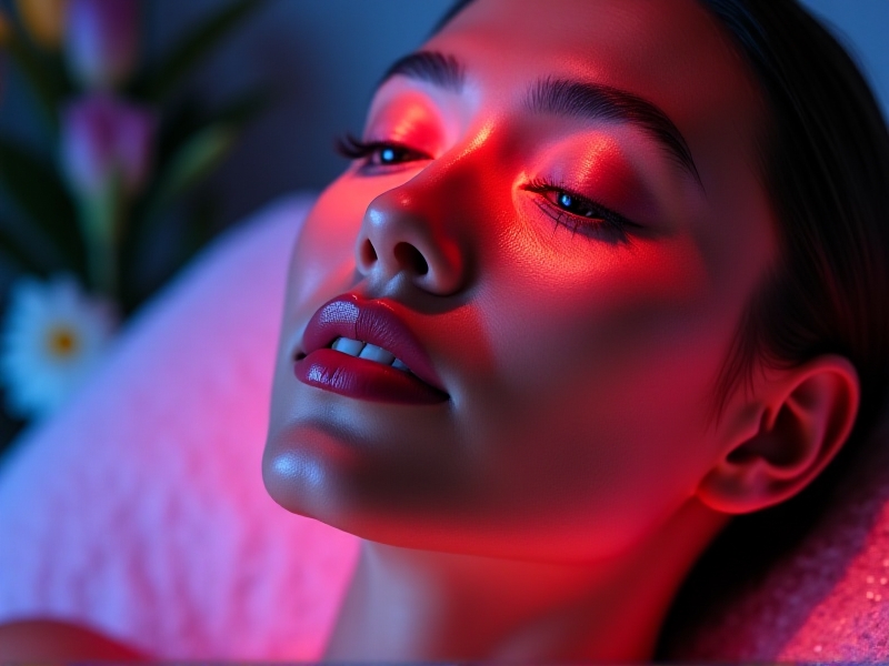 A close-up of a woman receiving LED therapy, with a glowing red light panel covering her face, highlighting the smooth texture and youthful appearance of her skin, set in a serene spa-like environment with soft ambient lighting.