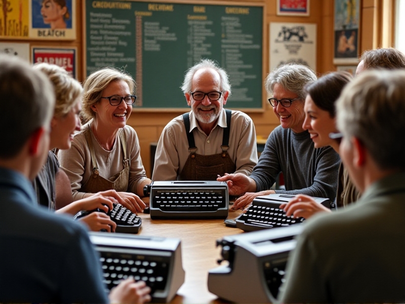 A diverse group of people of different ages and backgrounds sitting in a circle, smiling and discussing typewriters. The setting is a cozy community center with vintage posters on the walls and a chalkboard displaying a schedule of activities. The mood is warm and inclusive, with everyone engaged in lively conversation.