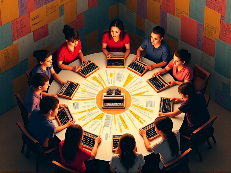 A group of diverse teenagers gathered around a table, each using a vintage typewriter to create art, with colorful papers and creative designs scattered across the workspace.
