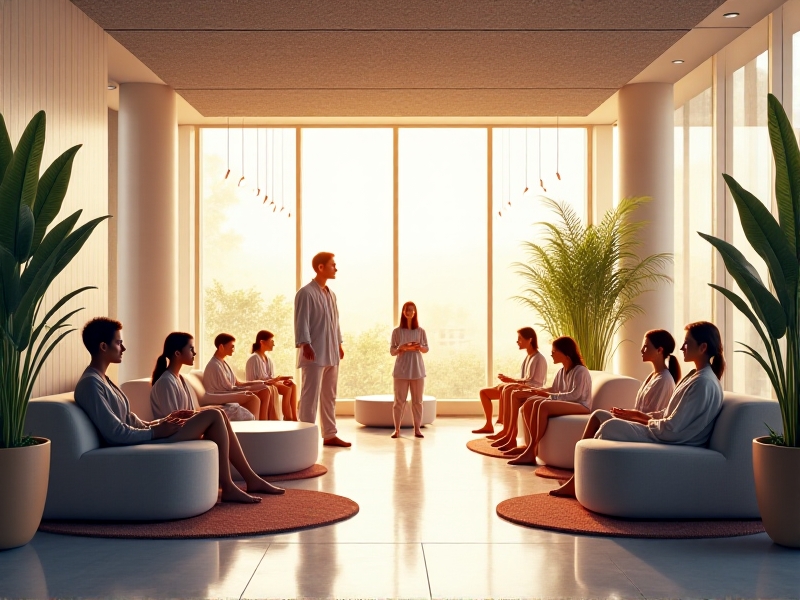 A modern office space with a dedicated wellness area featuring a float tank. Employees are seen relaxing in a lounge area, while others prepare for a float session. The bright, open design of the space promotes a positive and supportive work environment, emphasizing the importance of employee well-being.