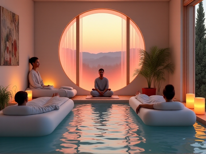 A diverse group of people enjoying sensory deprivation experiences in various settings, including a modern spa, a home float tank, and a wellness retreat, highlighting different consumer preferences and behaviors.