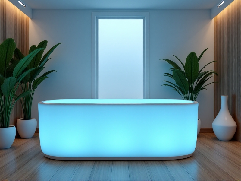 A sleek, modern float tank in a serene spa setting. The tank is made of smooth, white materials with soft blue lighting inside. The room features minimalist decor, with wooden floors and plants creating a calming atmosphere. The image conveys a sense of tranquility and advanced technology.